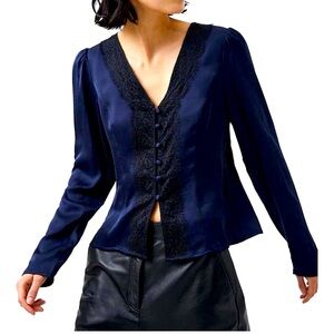 French Connection Ennis Satin V-Neck Lace Button Front Blouse size US 10